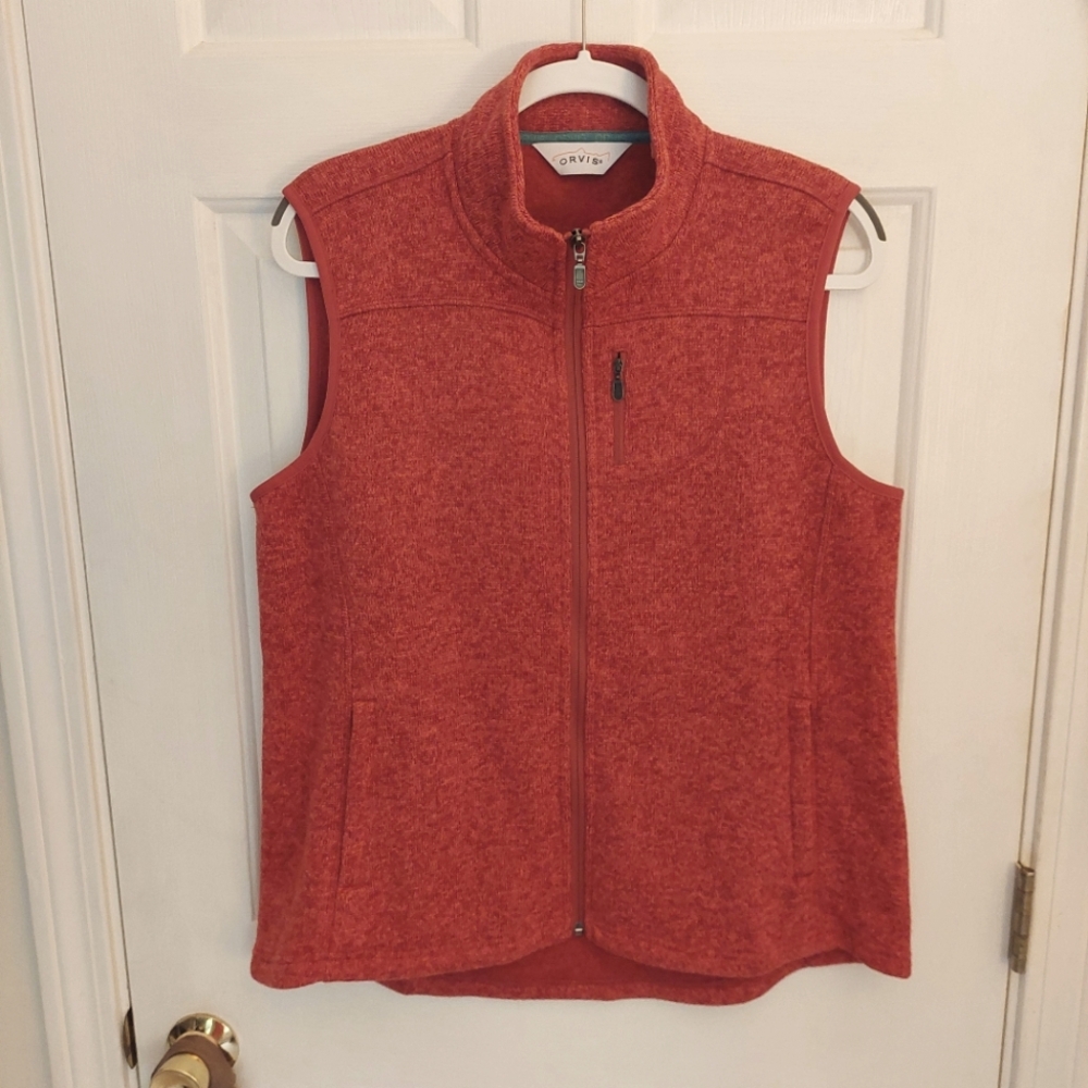 Orvis L Fleece Vest orange zip front, outdoor activities